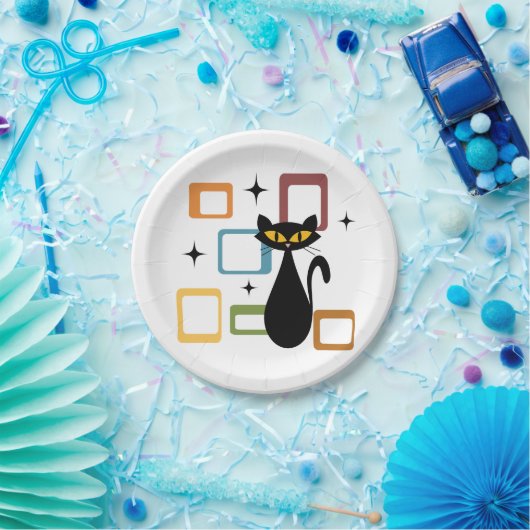 Schwarze Katze aus der Mitte des Jahrhunderts Pappteller (Party)
