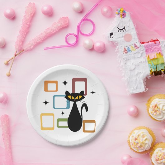 Schwarze Katze aus der Mitte des Jahrhunderts Pappteller (Party)