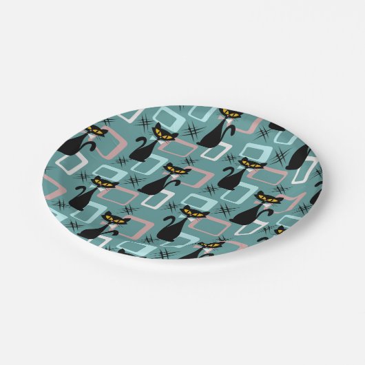 Schwarze Katze aus der Mitte des Jahrhunderts Pappteller (Schrägansicht)