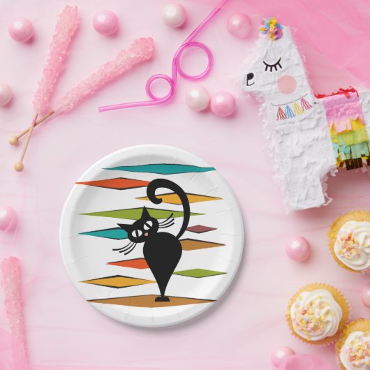 Schwarze Katze aus der Mitte des Jahrhunderts Pappteller (Party)