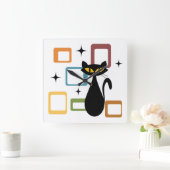 Schwarze Katze aus der Mitte des Jahrhunderts Quadratische Wanduhr (Zuhause)