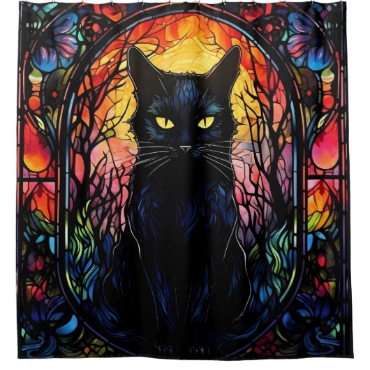 Schwarze Katze aus festem Glas Roter Spooky Duschvorhang (Vorderseite)