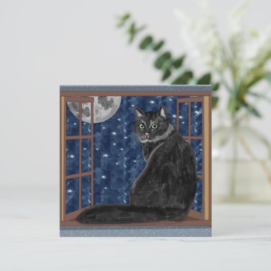 Schwarze Katze Ausblick Fenster auf Sterne und Mon Karte (Stehend Vorderseite)