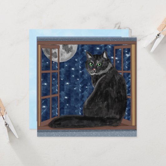 Schwarze Katze Ausblick Fenster auf Sterne und Mon Karte (Vorderseite/Rückseite Beispiel)