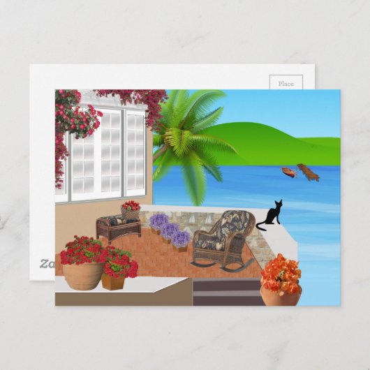 SCHWARZE KATZE BEACH PATIO 002 HAPPY VACATION BACK POSTKARTE (Vorne/Hinten)