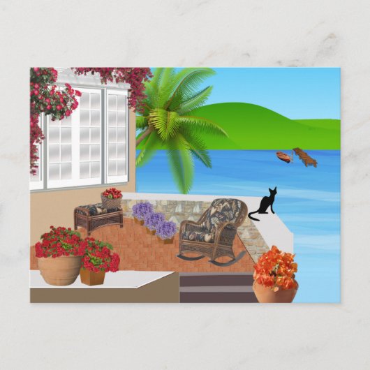 SCHWARZE KATZE BEACH PATIO 002 HAPPY VACATION BACK POSTKARTE (Vorderseite)