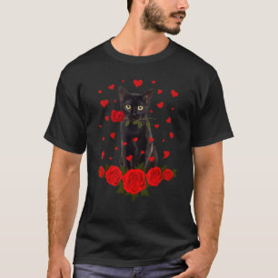 Schwarze Katze Beißt Rosenherzen Valentinstag Tier T-Shirt