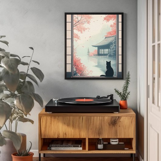 Schwarze Katze beobachten japanische Herbst Zen-Sz Poster