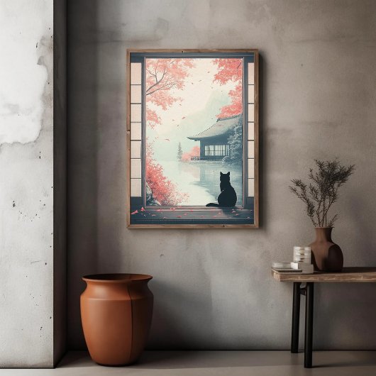 Schwarze Katze beobachten japanische Herbst Zen-Sz Poster