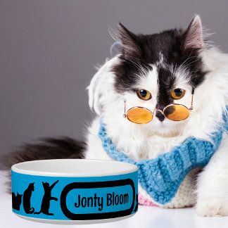 Schwarze Katze Blau Silhouette Muster mit Katzenna Napf