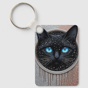 Schwarze Katze Blaue Augen Moderne Gothic-Porträt Schlüsselanhänger