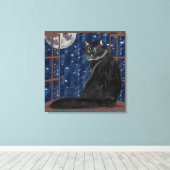 Schwarze Katze Blick auf Mond und Sterne Leinwanddruck (Insitu (Holzboden))