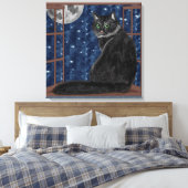 Schwarze Katze Blick auf Mond und Sterne Leinwanddruck (Insitu (Schlafzimmer))