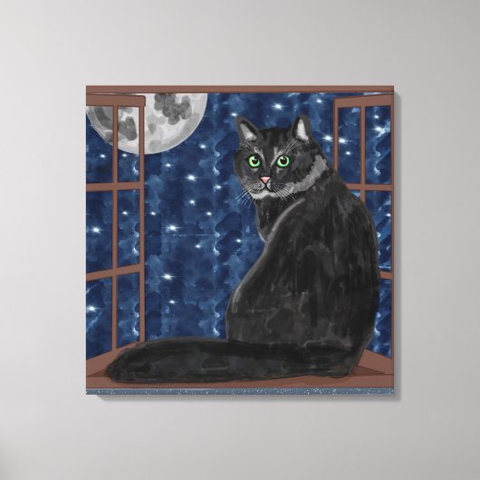 Schwarze Katze Blick auf Mond und Sterne Leinwanddruck (Vorderseite)