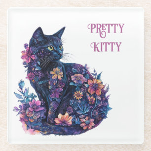 Schwarze Katze Blumen Hübsche Kitty Glasuntersetzer