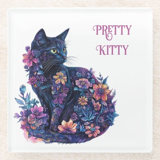 Schwarze Katze Blumen Hübsche Kitty Glasuntersetzer (Vorderseite)