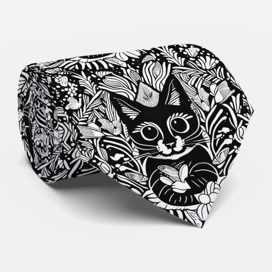 Schwarze Katze Blumenmuster Krawatte (Gerollt)