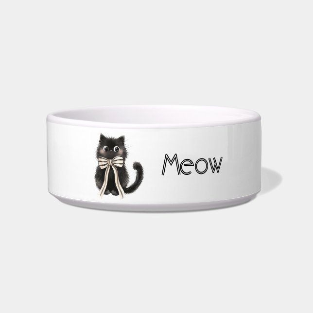 Schwarze Katze Bogen Miauen Napf (Vorderseite)