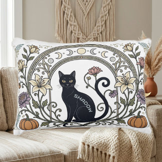 Schwarze Katze Boho Botanischer Vintage-Mondphasen Dekokissen