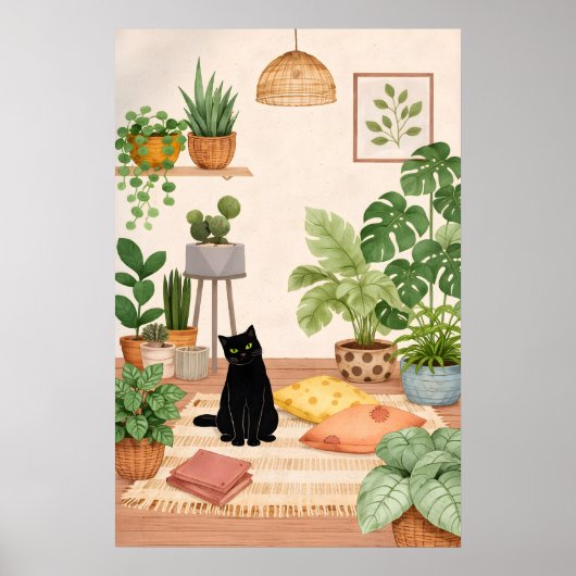 Schwarze Katze Botanischer Druck, Gemütliche Boho- Poster (Vorne)