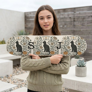 Schwarze Katze Botanischer Mondphasen-Herbst-Kürbi Skateboard