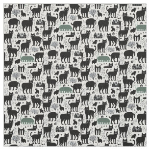 Schwarze Katze botanisches weißes Muster Stoff