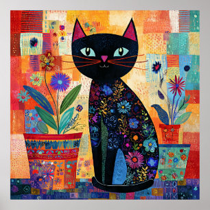 Schwarze Katze Bunte und Whimsische Kunstwerke, Poster