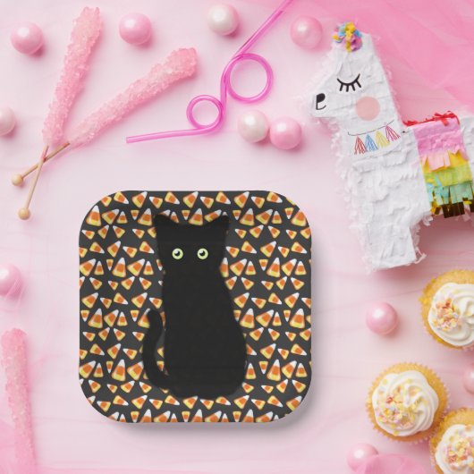Schwarze Katze, Candy Mais Muster, Halloween-Spaß Pappteller (Party)