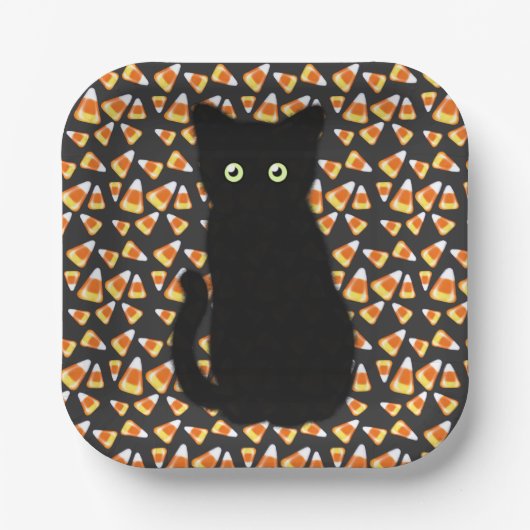 Schwarze Katze, Candy Mais Muster, Halloween-Spaß Pappteller (Vorderseite)