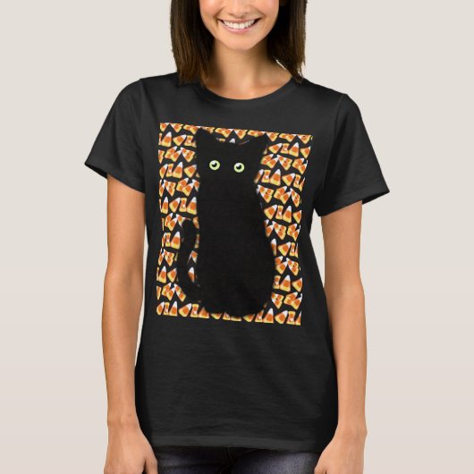 Schwarze Katze, Candy Mais Muster, Halloween-Spaß T-Shirt (Vorderseite)