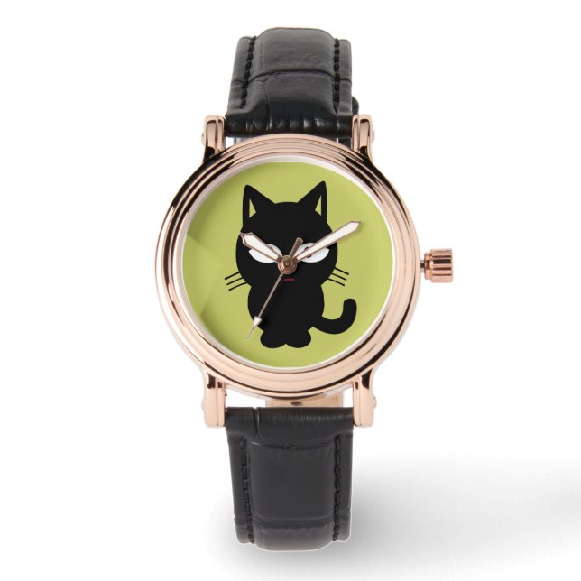 SCHWARZE KATZE-CARTOON WRIST WATCH ARMBANDUHR (Vorderseite)