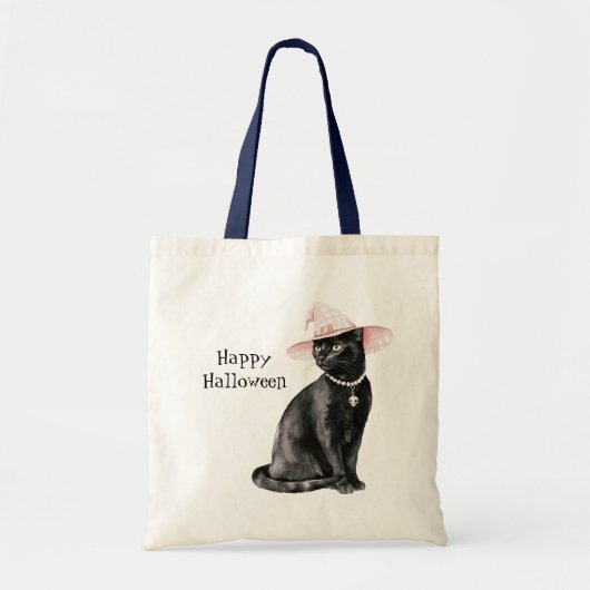 Schwarze Katze Chic Rosa Hut Halloween Tragetasche (Vorne)