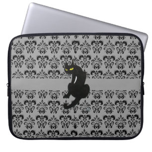 Schwarze Katze DAMAST schwarz grau Laptopschutzhülle