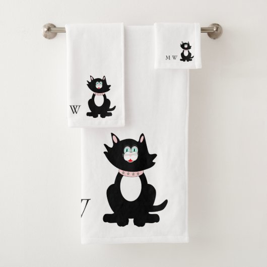 Schwarze Katze Design Mit Monogramm Badhandtuch Set (Insitu)