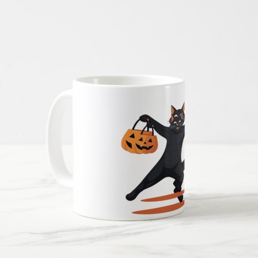Schwarze Katze, die am Halloween-Bash heranreift u Kaffeetasse (Vorderseite Links)