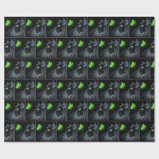 Schwarze Katze, die an einem glühenden grünen Schm Geschenkpapier (Flach)