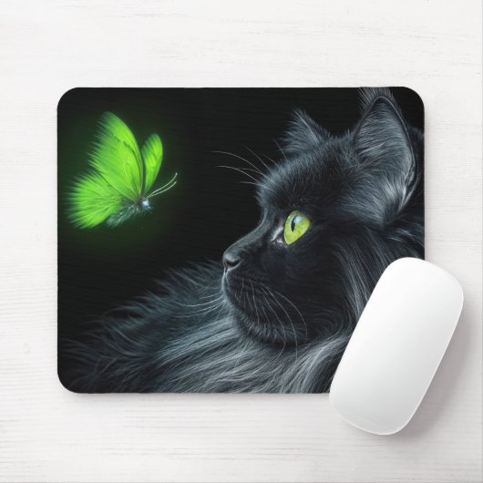 Schwarze Katze, die an einem glühenden grünen Schm Mousepad (Mit Mouse)