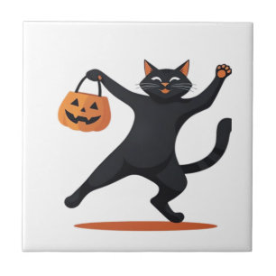 Schwarze Katze, die auf der Halloween-Party groovt Fliese