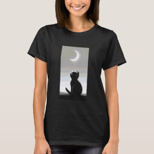 Schwarze Katze, die den Halbmond anschaut, minimal T-Shirt