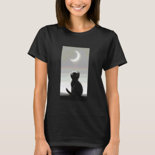 Schwarze Katze, die den Halbmond anschaut, minimal T-Shirt