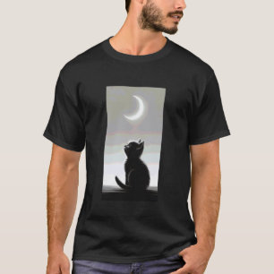 Schwarze Katze, die den Halbmond anschaut, minimal T-Shirt