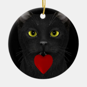Schwarze Katze, die ein Geschenk macht Keramikornament