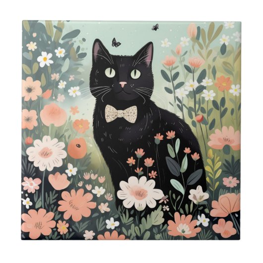 Schwarze Katze, die eine Krawatte trägt, sitzend Fliese (Vorderseite)