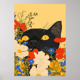 Schwarze Katze, die sich unter Blume versteckt Poster
