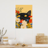 Schwarze Katze, die sich unter Blume versteckt Poster (Küche)