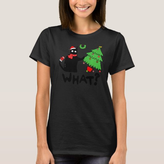 Schwarze Katze, die Weihnachtsbaum über Katzenwelt T-Shirt (Vorderseite)