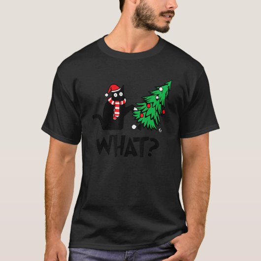 Schwarze Katze, die Weihnachtsbaum über Katzenwelt T-Shirt (Vorderseite)
