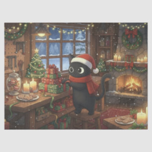 Schwarze Katze, die Weihnachtsgeschenke decoupiert Seidenpapier