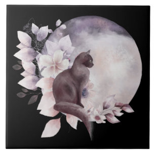 Schwarze Katze durch einen magischen Vollmond Fliese