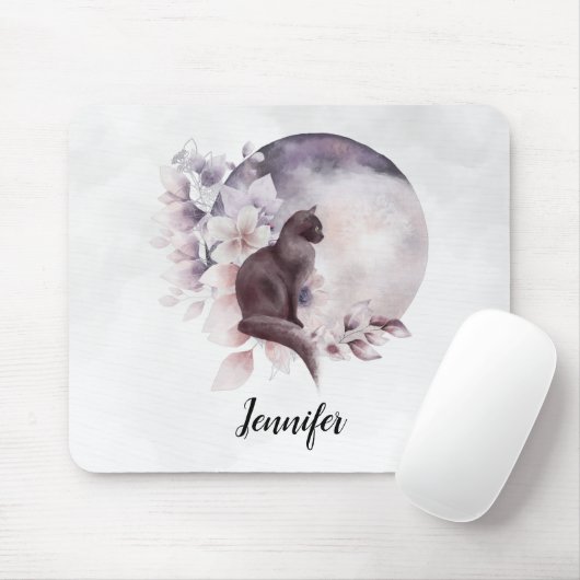 Schwarze Katze durch einen magischen Vollmond Mousepad (Mit Mouse)